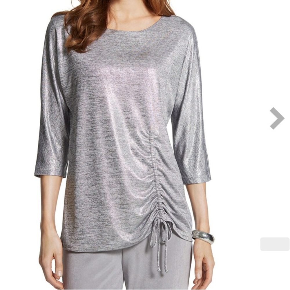 Chico's Travelers Collection Top Size 3 XL Metallic Silver Gray Ruched Blouse